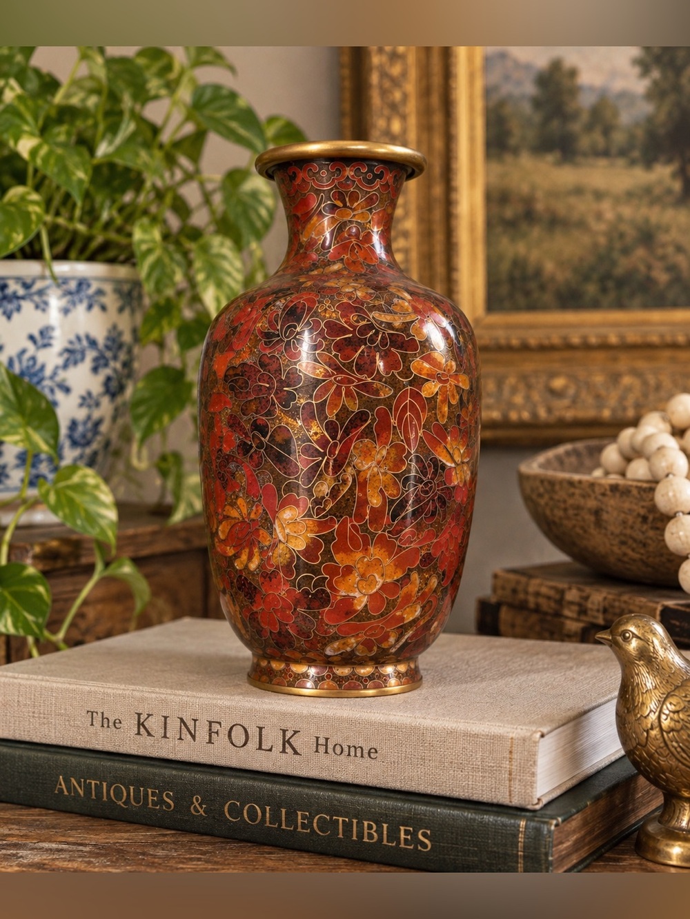 Chinese Cloisonné Floral Vase Multicolor Enamel Gold Tone 8”